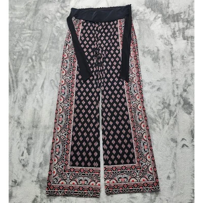 Pantalones INC Para Mujer M Negro Rojo Rumano Foulard Estampado Corbata Cintura Pierna Ancha Elastizados Foto 1 de 4