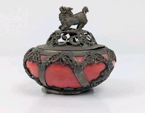 Antike chinesische Miniatur Räuchergefäß Foo Fu Hund marmoriertes Glas/Jade & Metall - Bild 1 von 18