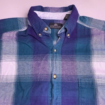 90s Structure Flannel Shirt L Mens L/S Button Up Heavyweight Plaid Herringbone - Image 1 of 4