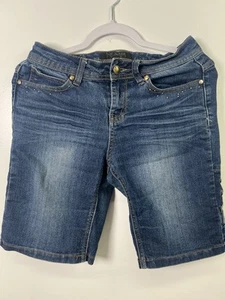 Rocawear Womens Jean Shorts Capri Size 7 Dark Denim Blue Gold Embroidery HipHop - Picture 1 of 10