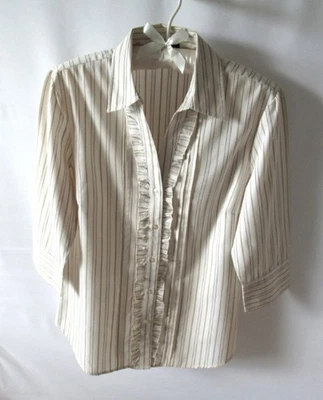 Westbound beige gold striped ruffle detail 3/4 sleeve button front shirt *Sz 8* - Image 1 of 4