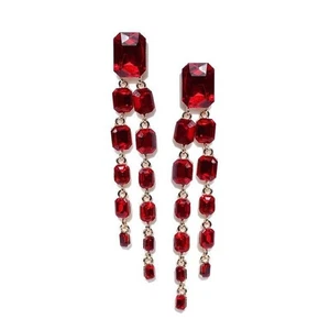 Blood Red Ruby Studded 18k Gold Plated Geometric Drop Earrings Best Gift For Her - Picture 1 of 3