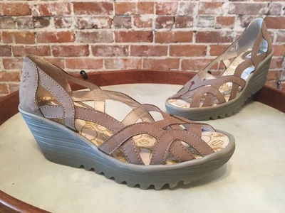 Fly London Yadi Taupe Leather Slip on Peep-toe Wedge Sandals 39 8 8.5 New - Image 1 of 3