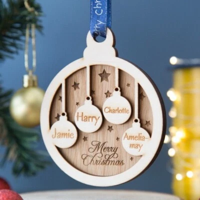 Personalised Christmas Bauble Tree Decoration Wood Family Xmas Gift Mini Baubles - Image 1 of 4