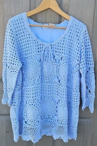 Women's Roaman's Crochet 3/4 Sleave Sweater Top - Light Blue - L - Free Shipping - Picture 1 of 3