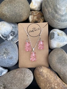 Gummy Bear Pink Novelty Personalised Handmade Pendant Necklace & Earring Set - Picture 1 of 8