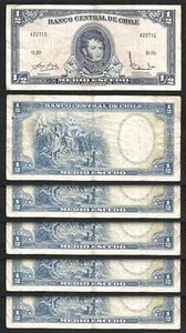 Chile 1/2 Escudo 1962 1975, aVF, 5 Pcs LOT, P-134Aa, Circulated, Sign Type 1 - Picture 1 of 4