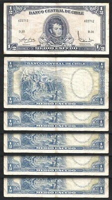 Chile 1/2 Escudo 1962 1975, aVF, 5 Pcs LOT, P-134Aa, Circulated, Sign Type 1 - Image 1 of 4
