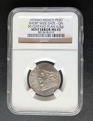 1975-MOMexico Peso SWD Struck on 50 Centavo Planchet NGC MS65 - Image 1 of 2