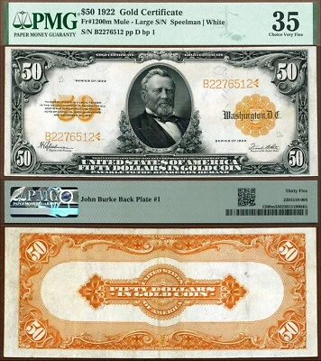 1922 $50 Gold Certificate FR-1200m Large S/N's PMG VF35 Census Shows Only 106 - Image 1 of 4