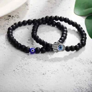 2x Pair Beaded Black Lava Hand Evil Eye Hamsa Bracelet Reiki Women Men Lucky - Picture 1 of 1