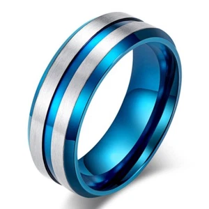 8mm Silver Brushed Titanium Steel Band for Men Blue Black Plating Ring Size 7-12 - Picture 1 of 11