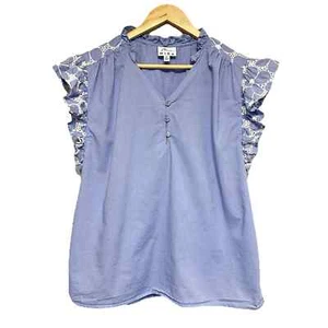 NEW Mira Eyelet Embroidery Flutter Ruffle Popover Top Blouse Blue 100% Cotton L - Picture 1 of 24
