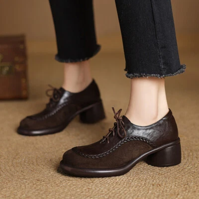 Womens Lace Up Real Suede Leather Mid Chunky Block Heels Shoes Round Toe British - Image 1 of 4