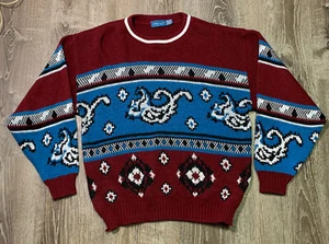 VTG 90s Sweater Abstract Geometric Made USA Mens L Towncraft Grandpa Red Blue - Picture 1 of 8