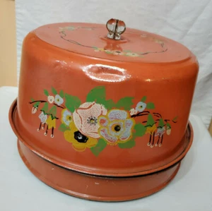 antique metal tin cake pie carrier pan holder orange floral 2 tier retro kitchen - Picture 1 of 6