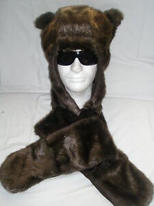   Super Faux Fur Animal Hat & Hand Pockets Warm Cozy  