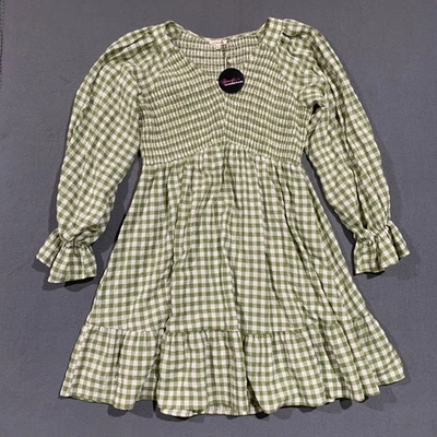 全新 JODIFL 女式绿色格子连衣裙缩褶长袖荷叶边 L 码 — 第 1/4 张图片