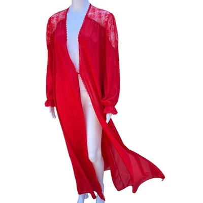 Vintage Undercover Wear Red Lace Open Robe Puff Sleeve Scalloped Trim 3X Plus - Image 1 of 4