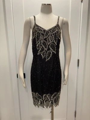 Vtg 80s Glam Sequin Beaded Dress Black Silver Party Glam Rock 80s Prom Dress - Image 1 of 4