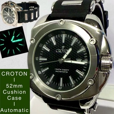 52mm Auto Slvrtn & Black Silicone Strap | Cushion Case | Black Dial CROTON Watch - Image 1 of 4
