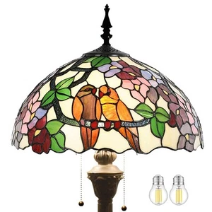 Tiffany Floor Lamp Double Tropical Birds Stained Glass Standing Reading Light... - Picture 1 of 7