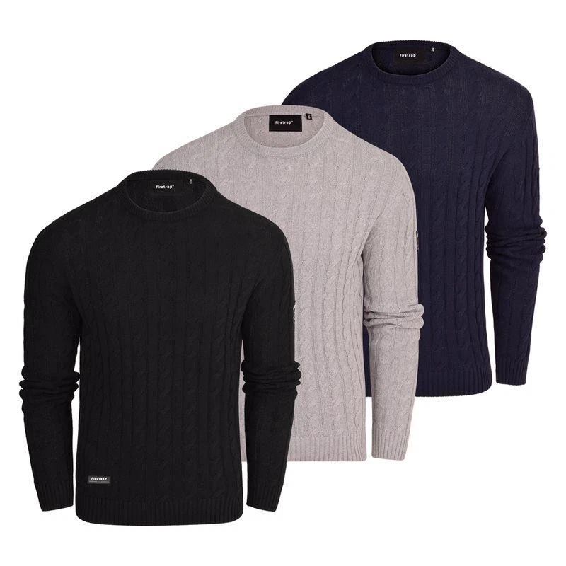 Firetrap Mens Designer Cable Knit Jumper Crew Neck Cotton Pullover Sweater