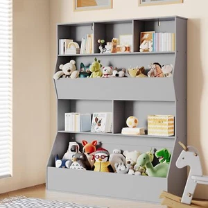 Kids Toy Storage 4 Tier Children Bookcase & Bookshelf 7 Cubby Cabinet Bedroom - Picture 1 of 6