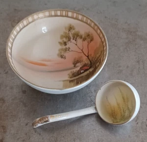 Nagoya Shofu Nippon Porzellan handbemalt 3 Fuß Gewürzschale & Löffel - Bild 1 von 24