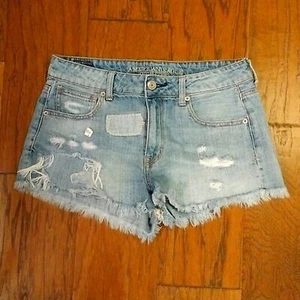 American Eagle Size 10 Distressed Hi-Rise Shortie Shorts Blue Denim Frayed - Picture 1 of 7