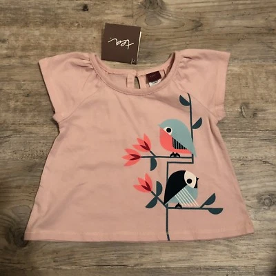 NWT Tea Collection Baby Girl 3-6M Short Slv Rose Pink Tshirt w Birds & Flowers - Image 1 of 3
