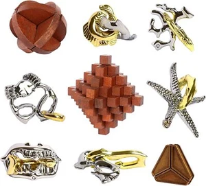 9pcs Retro Wooden & Metal Puzzles for Adults, Teens, Kids Brain Teaser - Picture 1 of 6