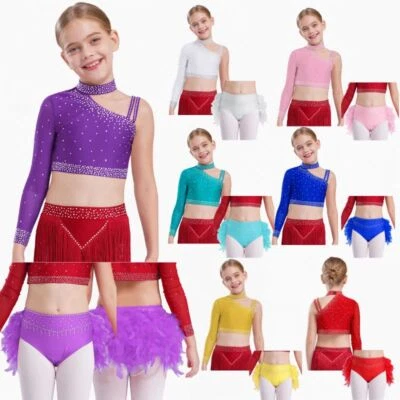 Kids Girls Dancewear Lyrical Outfits Rhinestones Set Carnival One Shoulder Jazz - Image 1 of 4