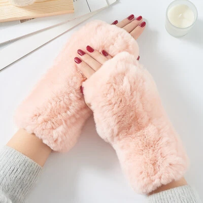 Luxury Genuine Real Rabbit Fur Wrist Fingerless Gloves Mittens Elastic Force - Image 1 of 4