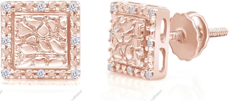 Pendiente de oro macizo de 10 k con pepita cuadrada de diamantes redondos cultivados en laboratorio Foto 1 de 4