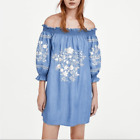 Zara Off the Shoulder Embroidered Chambray Dress Size Large