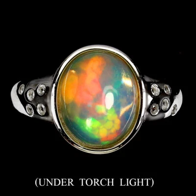 925 Anello Argento Sterling Ovale Opale di Fuoco 11x9mm Topazio Bianco Gemma - Immagine 1 di 4