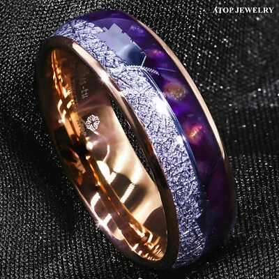 ATOP 8/6mm Purple Agate Meteorite Arrow Rose Gold Tungsten Ring Men - Image 1 of 4