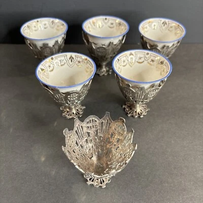 6 антикварных серебряных османских подстаканников для кофейных чашек/зарф/туркискская империя 1880/тугра/ислам - Изображение 1 из 4