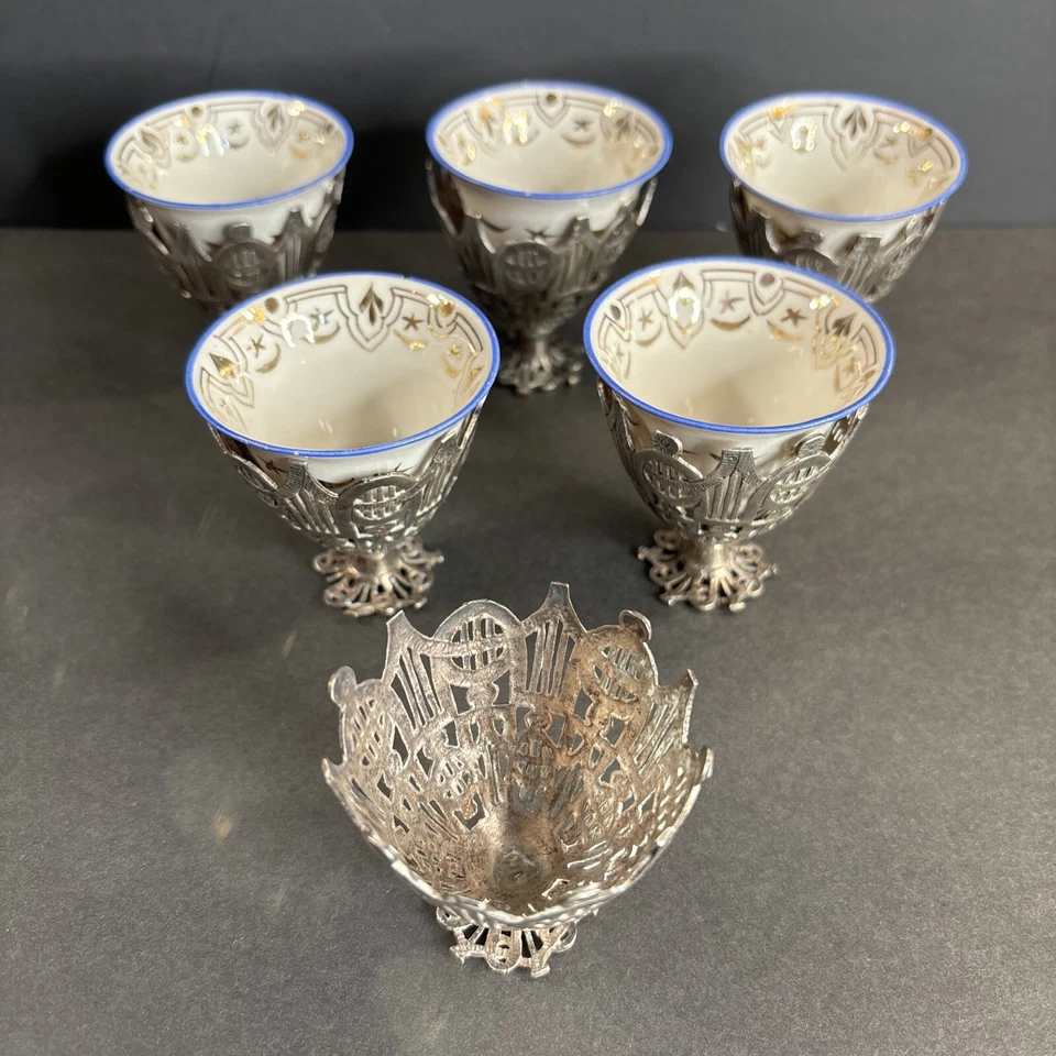 6 portavasos de café otomanos antiguos plateados/zarf/imperio turco 1880/tughra/islam Foto 1 de 4
