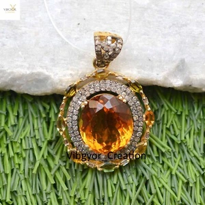 Pave Diamond Gemstone Pendant Gold Vermeil Jewellery 925 Solid Silver Necklace - Picture 1 of 5
