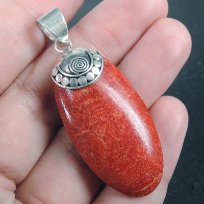 Ciondolo corallo rosso naturale in argento sterling 925 gioielli artigianali,... - Immagine 1 di 4