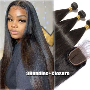 Straight Peruvian 3Bundles Weft Human Hair WITH Lace Closure Pre Plucekd Weft 8A - Picture 1 of 23