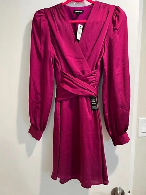 Express Faux Wrap Skater Dress, Satin look- Small - Magenta  - Image 1 of 4