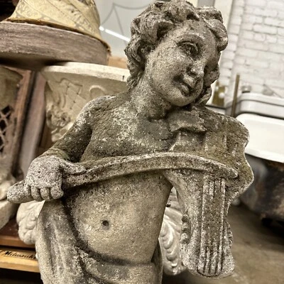 Carved Stone Garden Statues Cherubs Playing Violin and Flute Made in Italy 30x13 - Image 1 of 4
