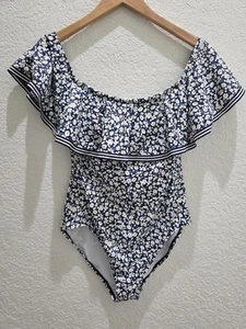 Ralph Lauren Badeanzug Größe 8 Blau Weiß Ditsy Blumen Rüschen Einteiler - Bild 1 von 11