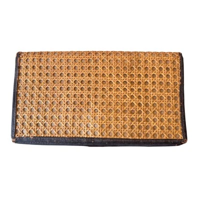 Vintage 1960s Envelope Clutch Wicker Caning Leather Trim 12" x 6 Tropic Tiki Mod - Image 1 of 4