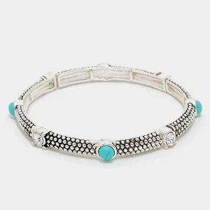 Western stretch 7" silver textured turquoise and clear stone bracelet - Imagen 1 de 2