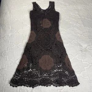 Sue Wong Chocolate Brown Crochet Floral Dress Sz L Y2k Fairy Whimsical Boho Punk - Picture 1 of 15