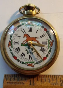 Vintage Swiss Pocket Watch Equestrian Horse Scene rare brass case - Picture 1 of 5